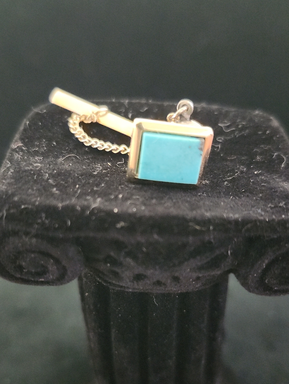 Vintage Gold-Tone Square Turquoise Tie Tack / Lapel Pin with Guard Chain